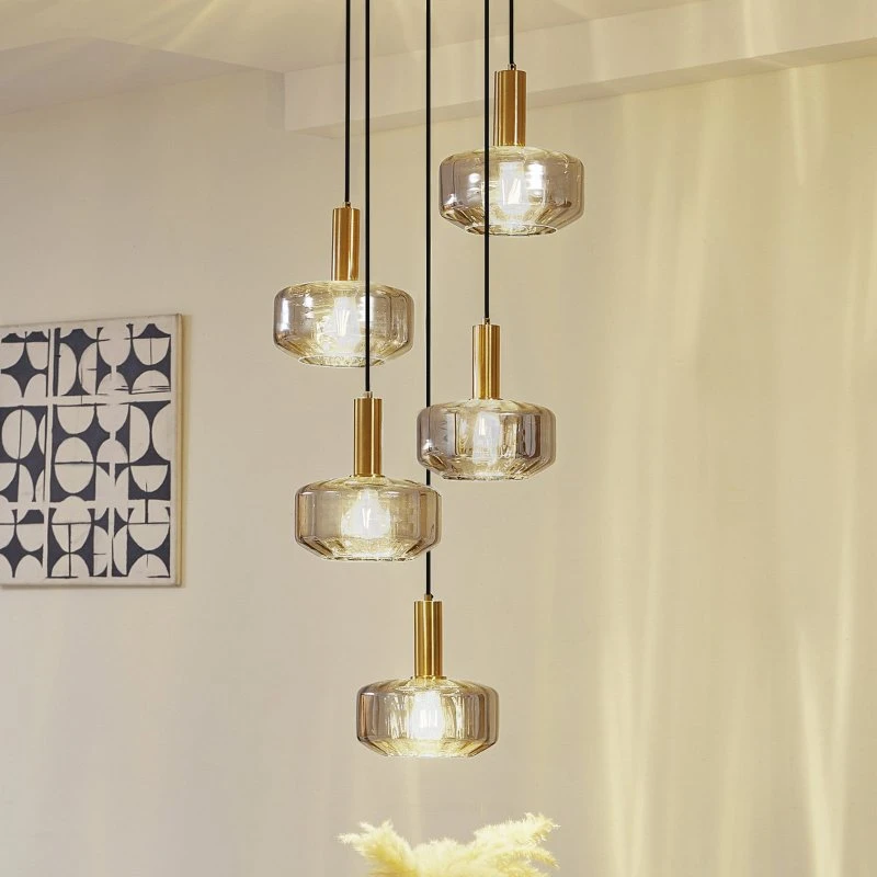 Lindby Hildur Hanglamp - Rookgrijs Glas & Messing - 5-lampen