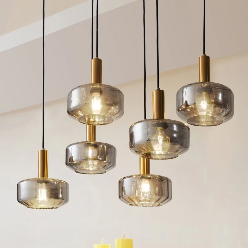 Lindby Hildur Hanglamp - 6-lams Rookgrijs Glas & Messing