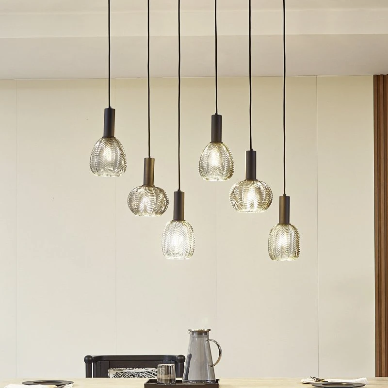 Lindby Tolli Hanglamp - 6-Lamps - Grijs/Zwart Glas - Modern