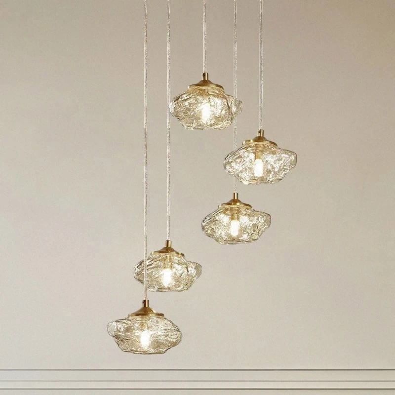 Lindby Hanglamp Piatra, 5-lampig, Amber/Messing, Ø45cm