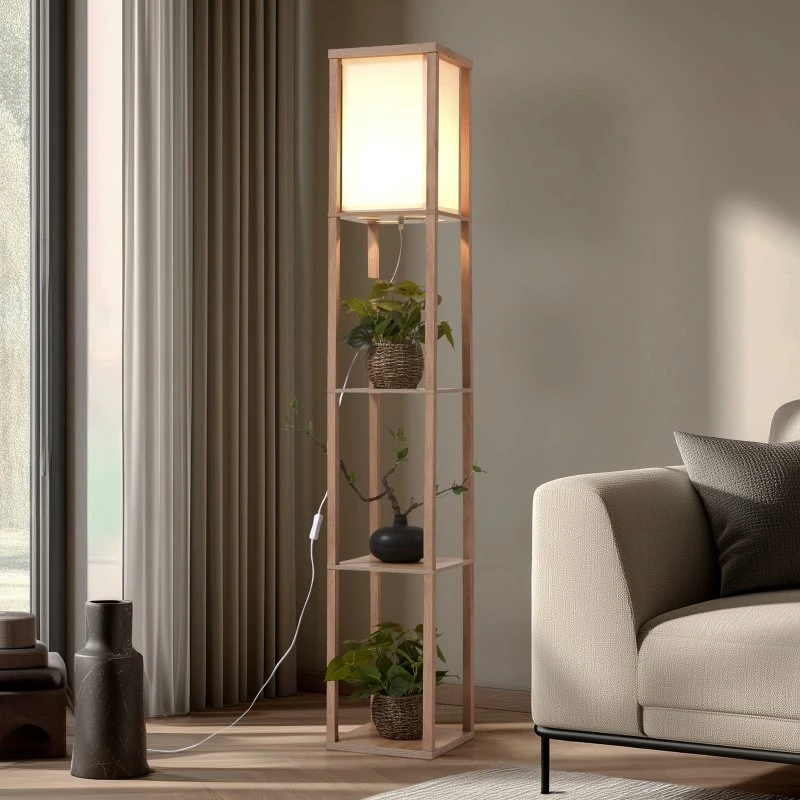 Lindby Birta Vloerlamp - Houtkleurig/Wit - Met opbergplank