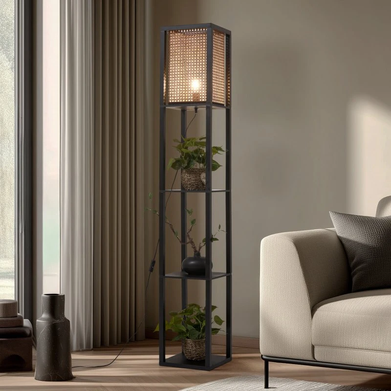 Lindby Birta Vloerlamp - Zwart/Naturel - Met Rotan Kap en Plank