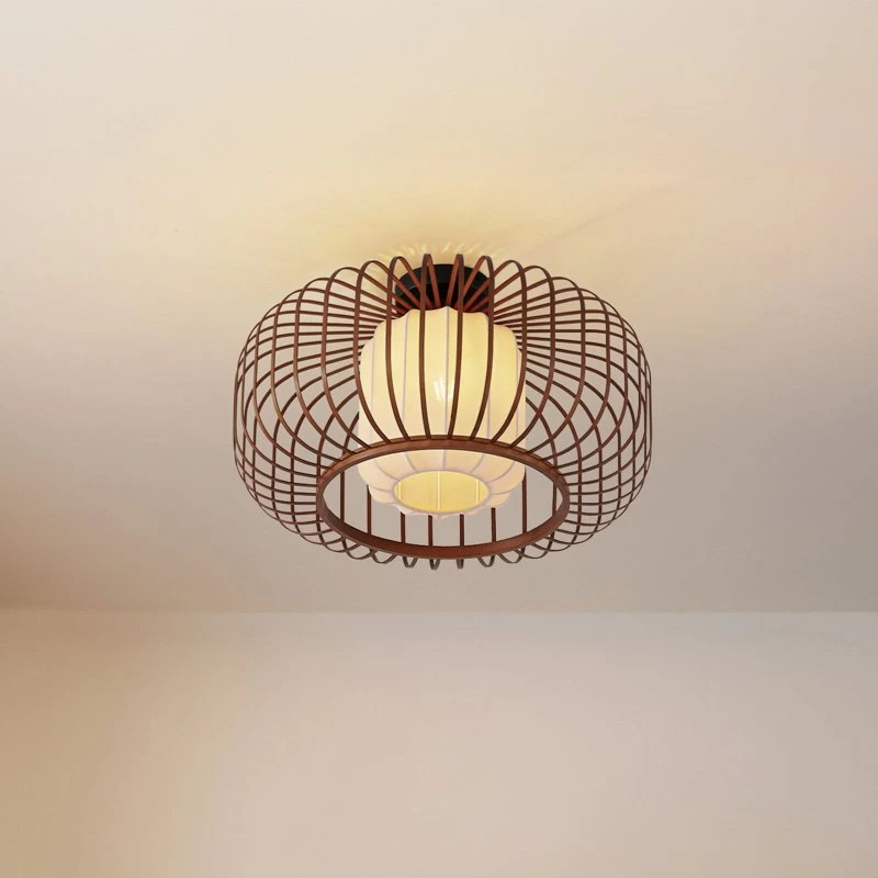 Lindby Davella Plafondlamp - Bamboe & Textiel - Ø 50 cm - Donker Hout