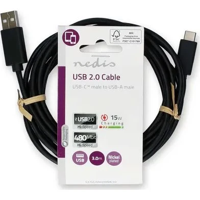 Nedis USB-A naar USB-C Kabel 3m, Zwart, 15W