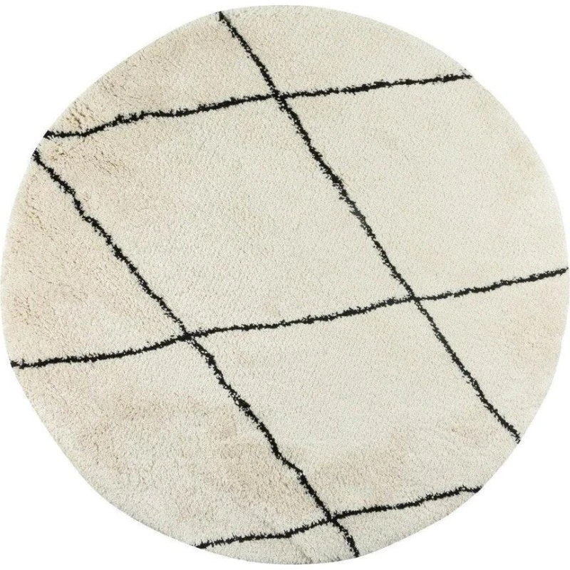 Nea Berber Rond Vloerkleed Hoogpolig Wit/Zwart 160x160 cm