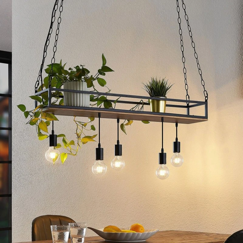 Lindby Kirista Hanglamp - Zwart/Hout - 100 cm - 5-lampen