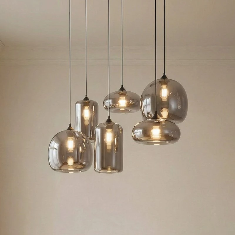 Lindby Marla Hanglamp - 6-lamps - Glas - Rookgrijs