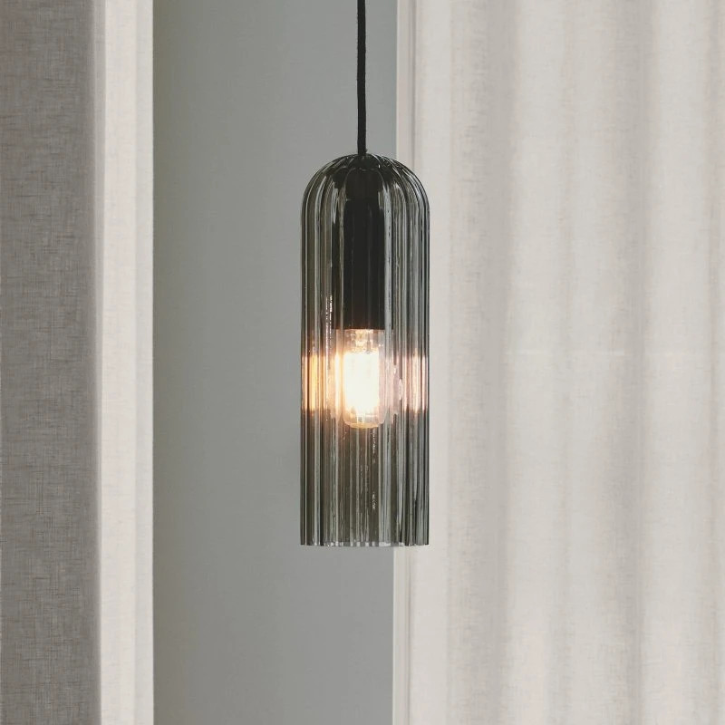 Nordlux Miella Hanglamp - Geribbeld Glas - Rookgrijs/Zwart
