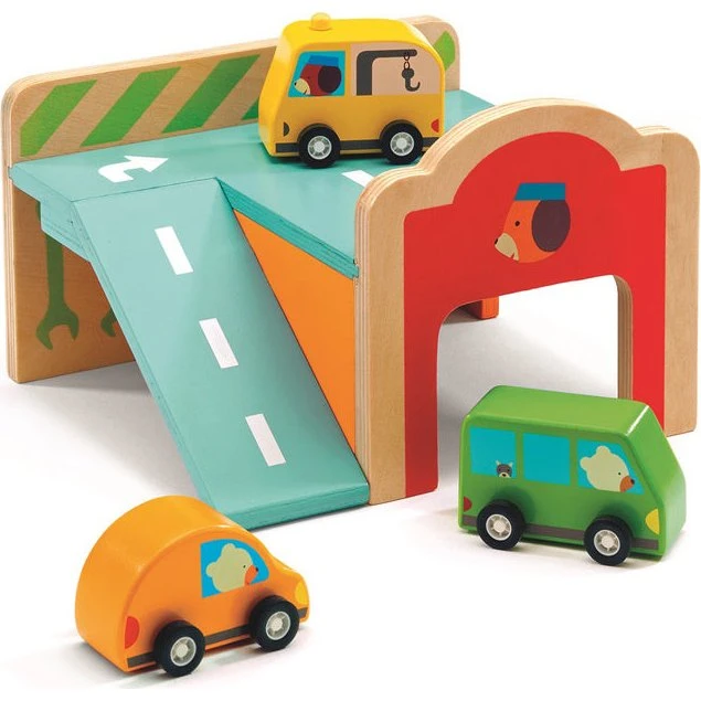 Djeco Houten Minigarage met 3 autootjes