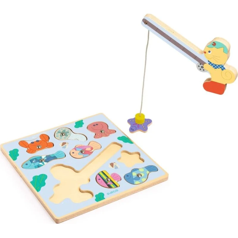 DJECO Houten vormenpuzzel Puzz & Fish met magnetische hengel