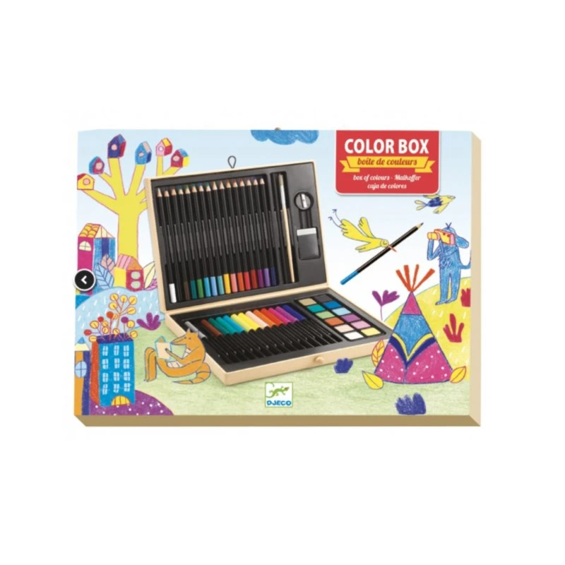Djeco Kleurkoffer 47-Delig met 16 Kleurpotloden, 14 Viltstiften & 12 Droge Waterverf