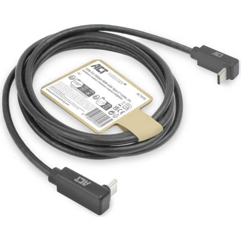 ACT USB-C naar USB-C Kabel 2m - 10Gbps 60W - Haaks (90°) Boven/Onder