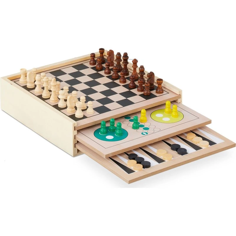 Houten Spellendoos met 7 Bordspellen – Familie Speelplezier