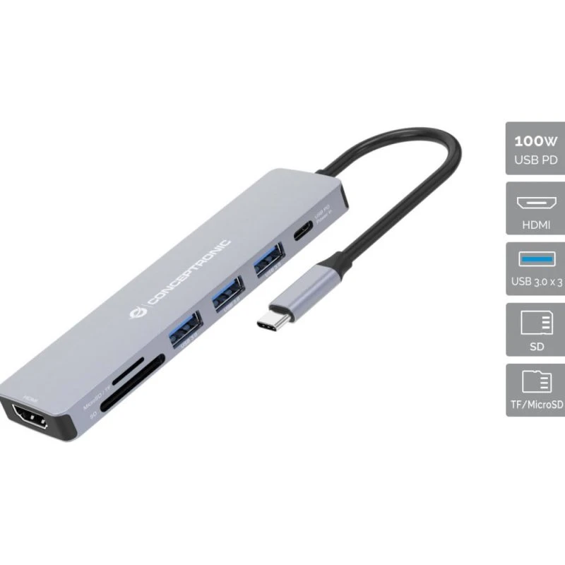 Conceptronic DONN19G USB-C 7-in-1 Docking Station - Grijs