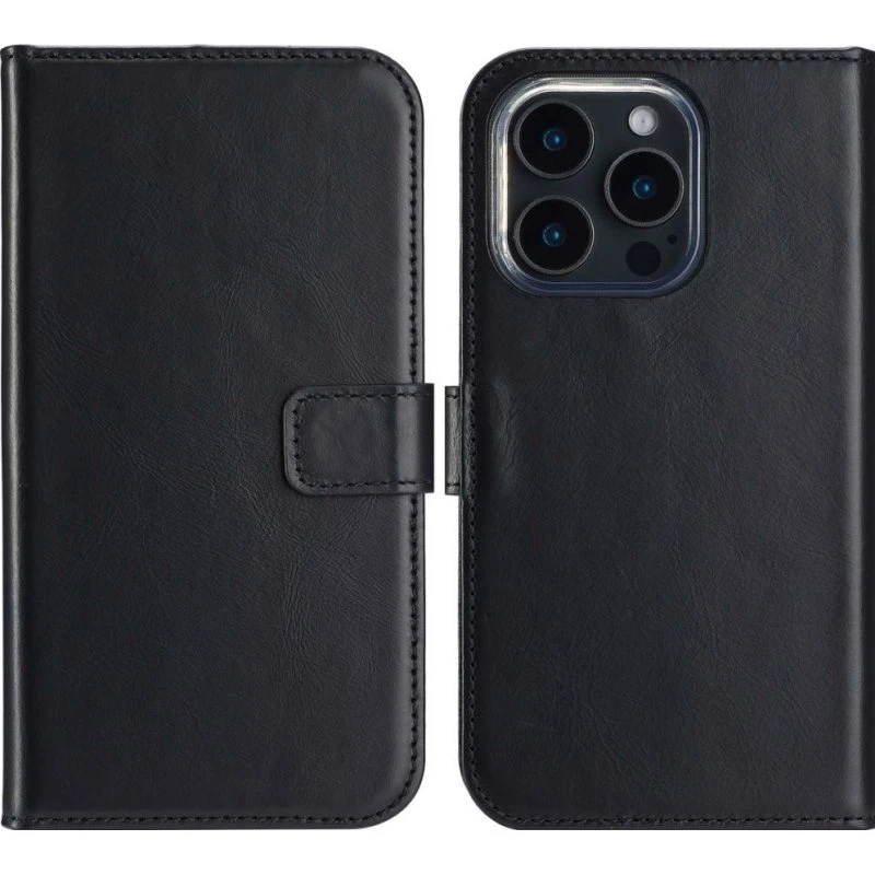 Selencia Echt Leren Bookcase voor Apple iPhone 16 Pro - Zwart