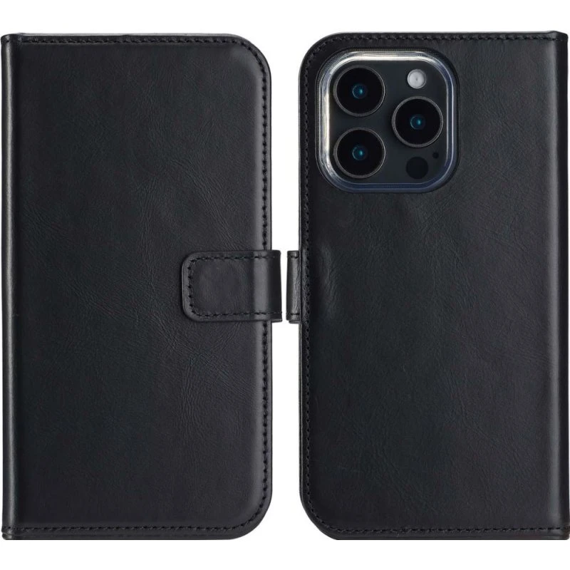 Selencia Echt Leren Bookcase voor Apple iPhone 16 Pro Max - Zwart