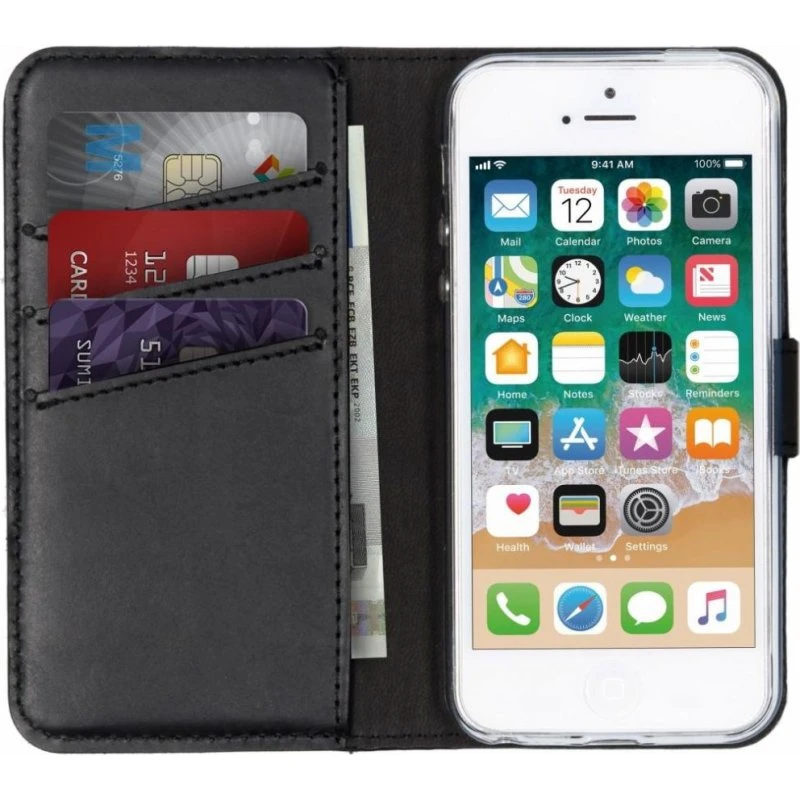 Selencia Echt Leren Bookcase voor Apple iPhone SE / 5 / 5s - Zwart