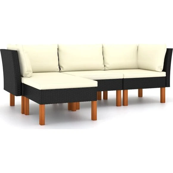 vidaXL 4-delige Loungeset Poly Rattan Zwart met Kussens